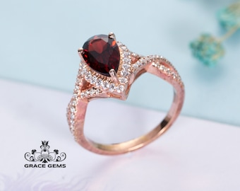 Genuine Pigeon Blood Pear Garnet wedding engagement ring in 18k gold and diamonds/Designer ring/Unique Special promise gift for her wedding