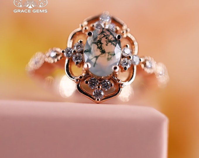 14k 18k Solid Gold 6x8mm Moss Agate ring/Twig Engagement Wedding Ring/Custom Unique Anniversary Gift/Handmade Raw Gems ring/Best Friend gift
