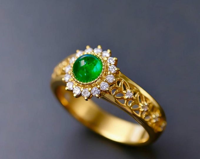 18k Gold Natural Cabochon Emerald Engagement Ring: Natural Zambia Emerald, Diamond Accent
