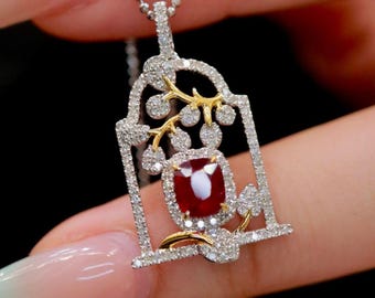 Vintage Ruby Pendant Necklace: Natural Diamond, 18K Gold investment ruby,pigeon blood ruby,certified ruby,rare ruby,luxury fine jewelry gift