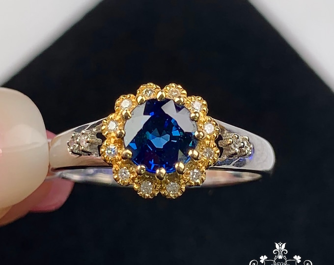 Luxurious 18k/14k solid white gold sapphire engagement ring with diamonds/Blue gemstone/Vintage Antique/Art Deco/ Celtic Unique/Eternity