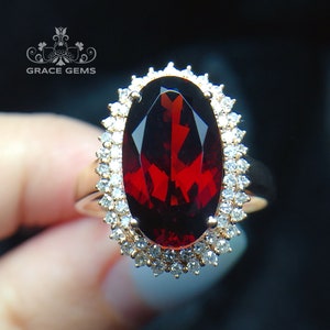 Huge Oval Genunie Pigeon Blood Garnet Engagement wedding  ring in 14k/18k gold with Diamonds/Hodolite Stacking garnet ring/Antique Art Deco