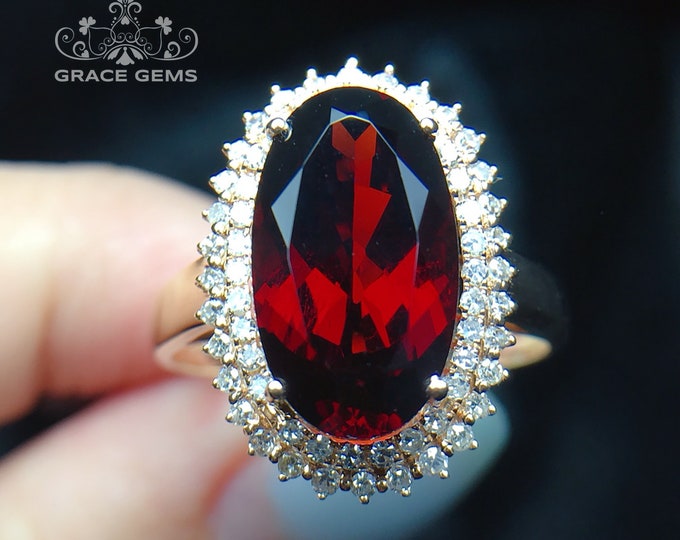 Huge Oval Genunie Pigeon Blood Garnet Engagement wedding  ring in 14k/18k gold with Diamonds/Hodolite Stacking garnet ring/Antique Art Deco