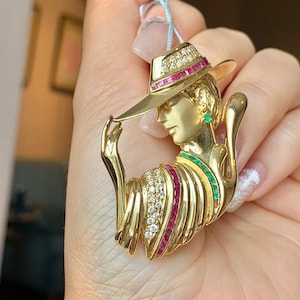 Unique luxurious hand made 18k solid gold  pendant/Emerald ruby brooch pendant/Diamond accent brooch pendant/Fine jewelry custom pendant