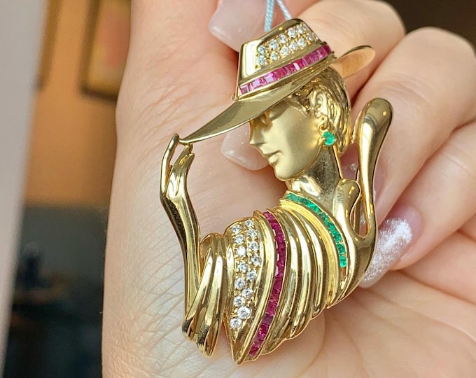 Unique luxurious hand made 18k solid gold  pendant/Emerald ruby brooch pendant/Diamond accent brooch pendant/Fine jewelry custom pendant