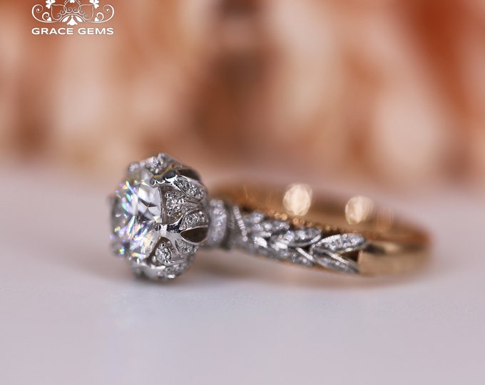 18k Solid 18k 14k Gold Real Moissanite Ring/Unique Fine Crafted Wedding Ring/Special Designer Engagement Ring/Promise Gift For Her/Halo Band