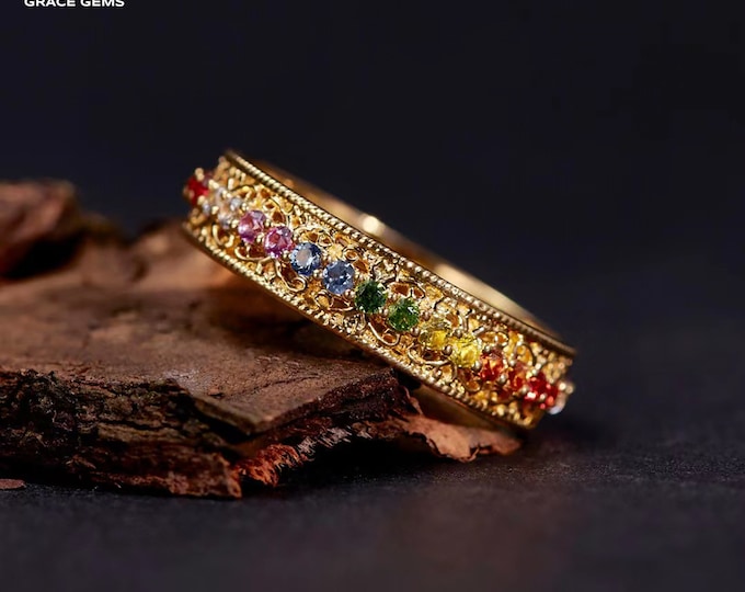 Unique Unisex 18K solid gold natural multi color sapphire engagement band with diamonds/Blue pink yellow  gemstone/Vintage Antique/Art Deco