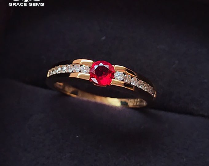 Minimalist 18K Rose Gold ruby ring/Natural Diamond halo band/Vintage Handmade jewelry for women/deep red carved ring/oval saltier ruby ring