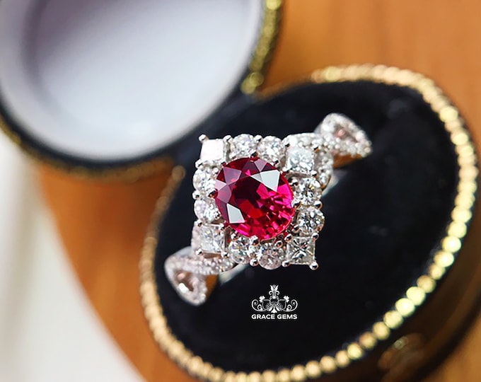 Untreated Pigeon Blood Red 18k white gold natural Ruby diamond Engagement Ring/Mozambique Certified Ruby Statement rings/Signet Solitaire