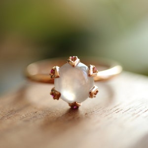 18k Solid Rose Gold Natural Myanmar Icy Jadeite ring with ruby accent stones/One of a kind unique Engagement Wedding Ring/Anniversary gift