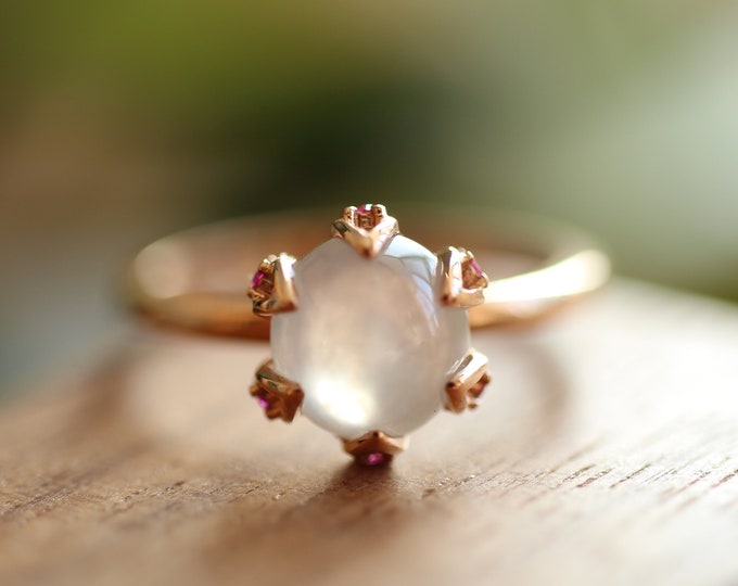 18k Solid Rose Gold Natural Myanmar Icy Jadeite ring with ruby accent stones/One of a kind unique Engagement Wedding Ring/Anniversary gift