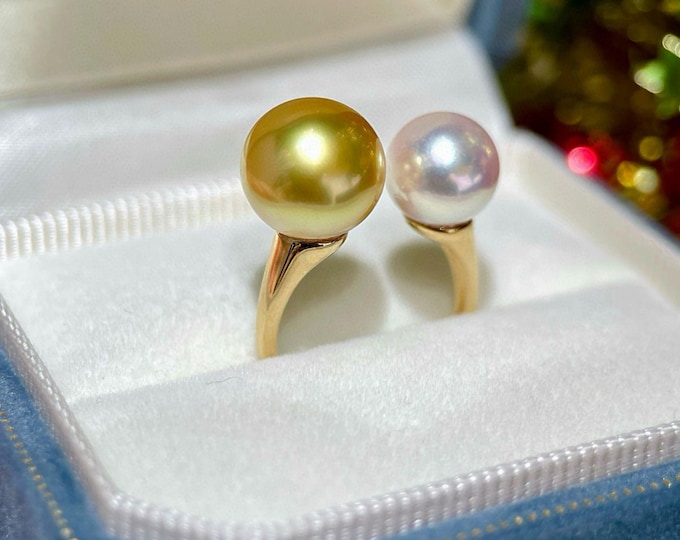 11mm 18k Gold Golden South Sea Pearl Ring with Diamonds - Handmade natural Akoya pearl jewelry-double pearl ring for women/unique pearl ring