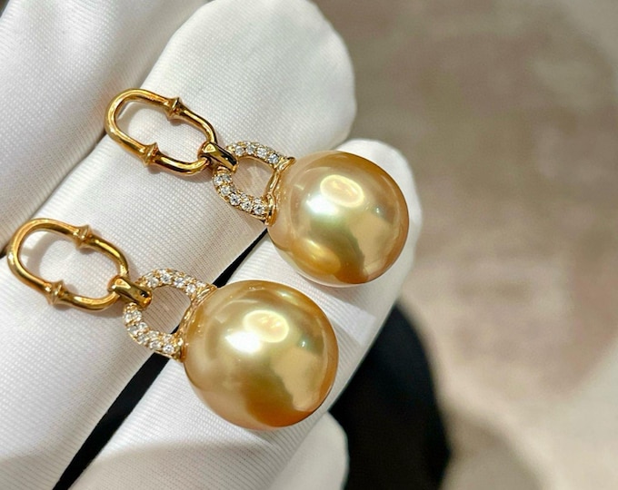 12mm South Sea Saltwater Golden Pearl Earrings-Minimalist real gold pearls/ Handmade Anniversary Pearl Jewelry/unique trendy fashion pearls