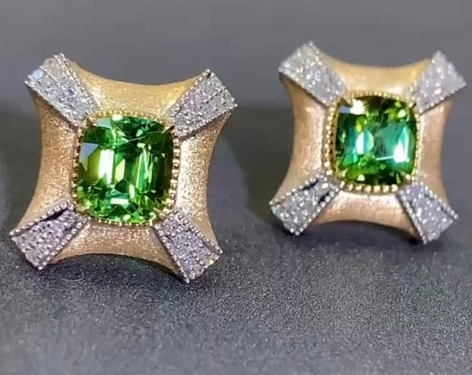 natural cushion green tourmaline studs in 18k solid gold/Diamond tourmaline earrings/handmade jewelry/bridal accessory/Birthday anniversary