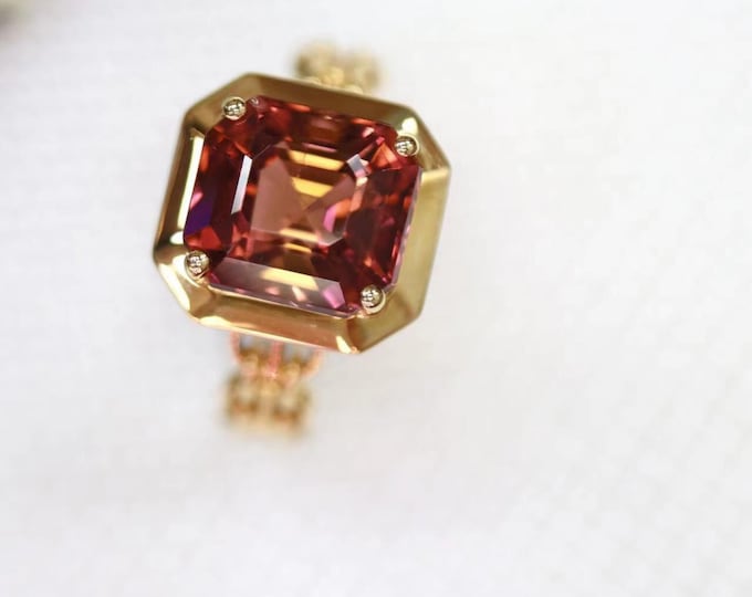 Quality9 18k yellow gold Natural Chocolate Red Tourmaline Ring with diamonds/Engagement Wedding Handmade One of a kind/Art Deco fine jewelry