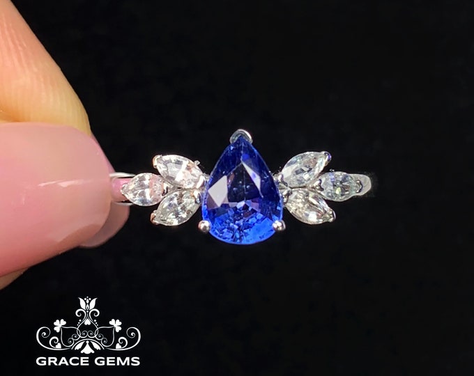 Solid 18k white gold pear Natural sapphire ring/engagement wedding ring with marquise white sapphire accents/Blue gemstone/Vintage Antique