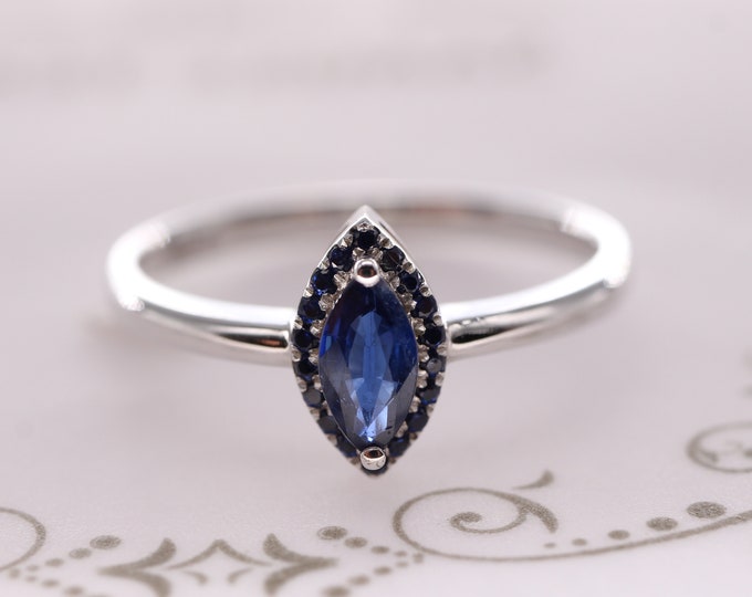 18k solid marquise Sli Lanka natural sapphire ring/Dainty Engagement ring/Unique classy handmade ring/Promised Proposal ring with sapphires
