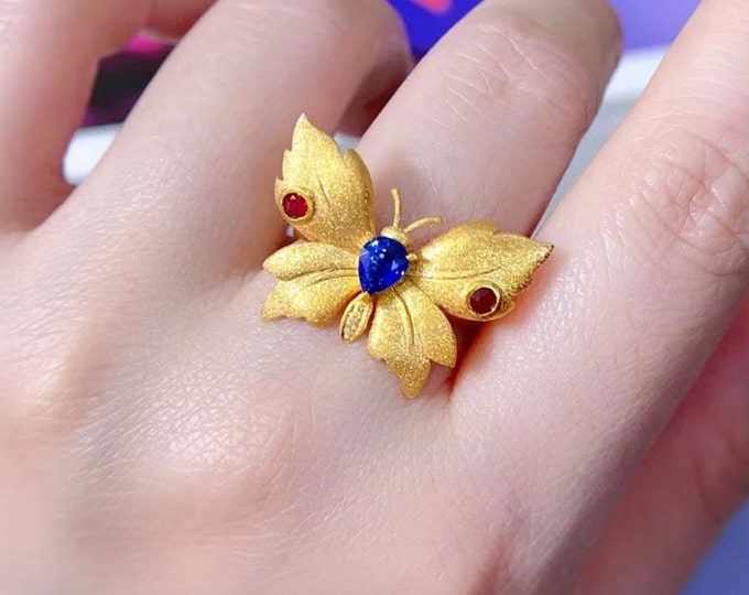 18k solid gold natural blue sapphire butterfly ring/Blue sapphire ring gift for her/Vintage sapphire ring women/Unique sapphire anniversary