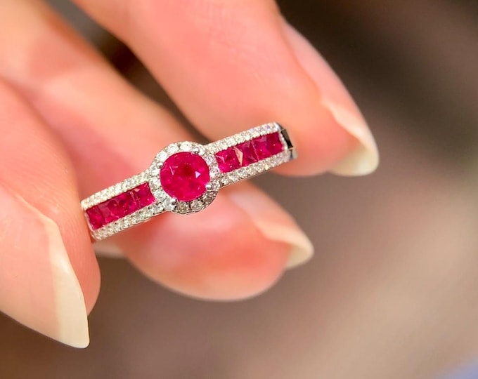18K white Gold Ruby Ring: Natural Diamond Halo Engagement ruby wide Band/elegant luxury gift,collector piece,museum quality,Mozambique