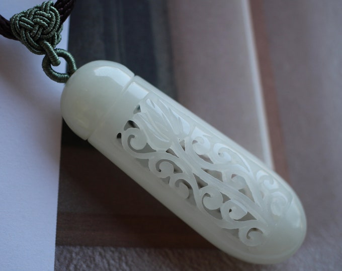 Natural white jade hollow-carved pendant Hand-carved jade pendant/White jade necklace/Unique carved jade diffuser/Vintage white jade pendant