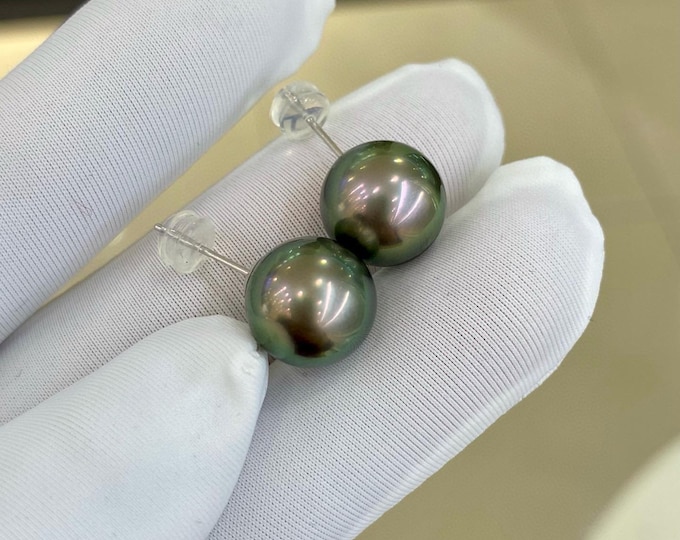 11mm 18k white gold Real Black Ocean Pearl Earrings/Engagement wedding pearl studs/Certified Pearl handmade earrings anniversary pearl studs