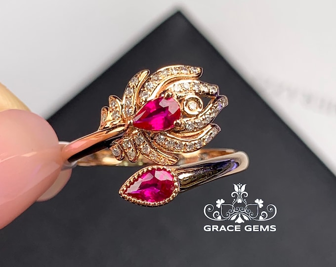 18k Gold Peacock Real Ruby Ring/Genuine Ruby and diamond Engagement Ring/Halo ruby wedding ring/Over Time Proposal Ring/Statement ruby ring