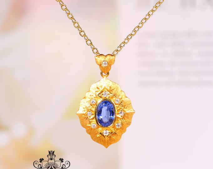 Celtic Genuine Cobalt Sapphire Pendant in 18k gold with diamonds/One of a kind Necklace/Anniversary Birthday Choke/Unique Design Classic