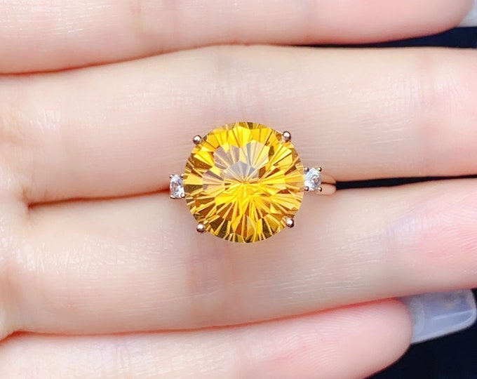 18k rose gold citrine ring/Round citrine ring with diamonds accents/Art Deco citrine ring/unique citrine ring/Dainty Citrine jewelry ring
