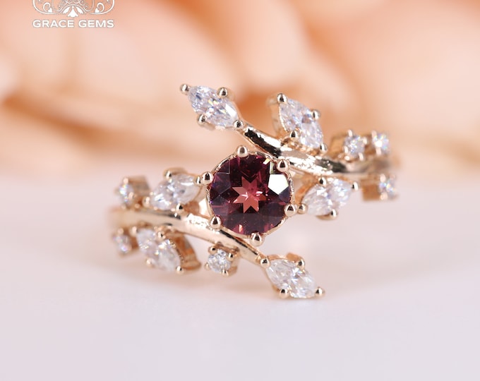 18k Rose Gold Twig Garnet Engagement garnet ring with diamonds/Top quality pigeon Blood red garnet/Antique Vintage Art Deco/Handmade bridal