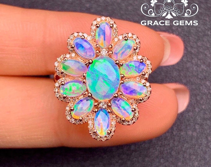 18K Rose Gold Sunflower Natural Australian Opal Engagement Ring with rich rainbow flash & Diamond/Boulder Opal ring/Best Friend Gift/I miss