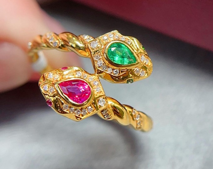unique natural emerald ruby two stone ring in solid gold/handmade emerald fine ring with diamonds/high end personalized fine ring jewelry