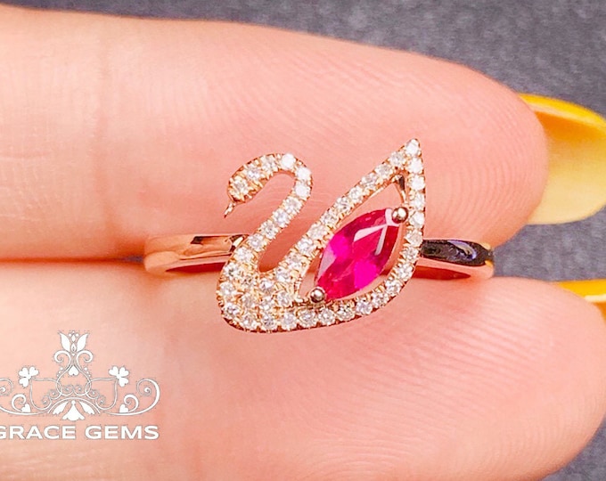 Swan marquise Mozambique real ruby ring/antique ruby ring/14k ruby gold ring/art deco ring ruby/genuine ruby ring/18k gold ruby diamond ring