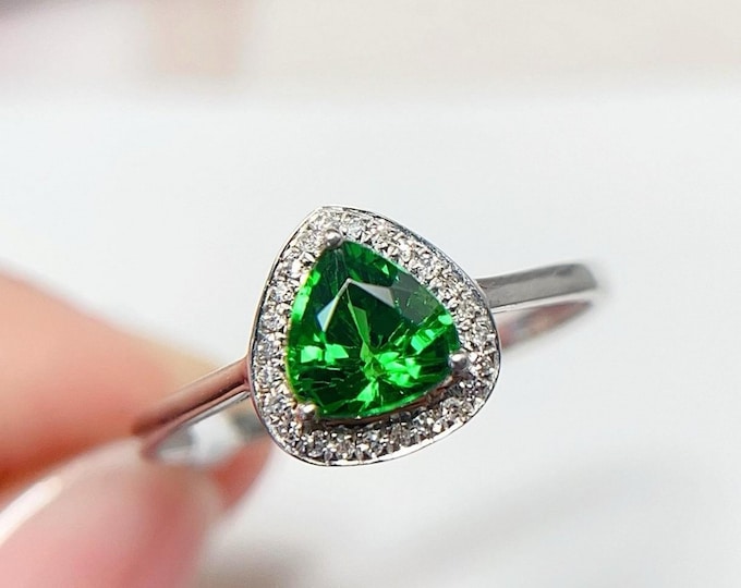 Natural Deep Green Triangle Tsavorite Garnet Diamond Ring: Art Deco Tsavorite Wedding Engagement ring/diamond halo tsavorite ring for women