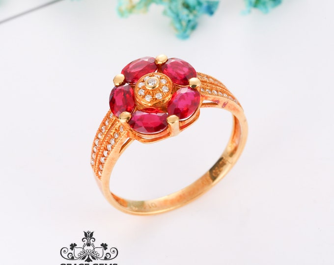 Flower Multi-stone Ruby Engagement Wedding Ring in 18k14k Rose Gold&Diamond/Custom Full Eternity Star Ruby Birthstone/Unique Anniversary