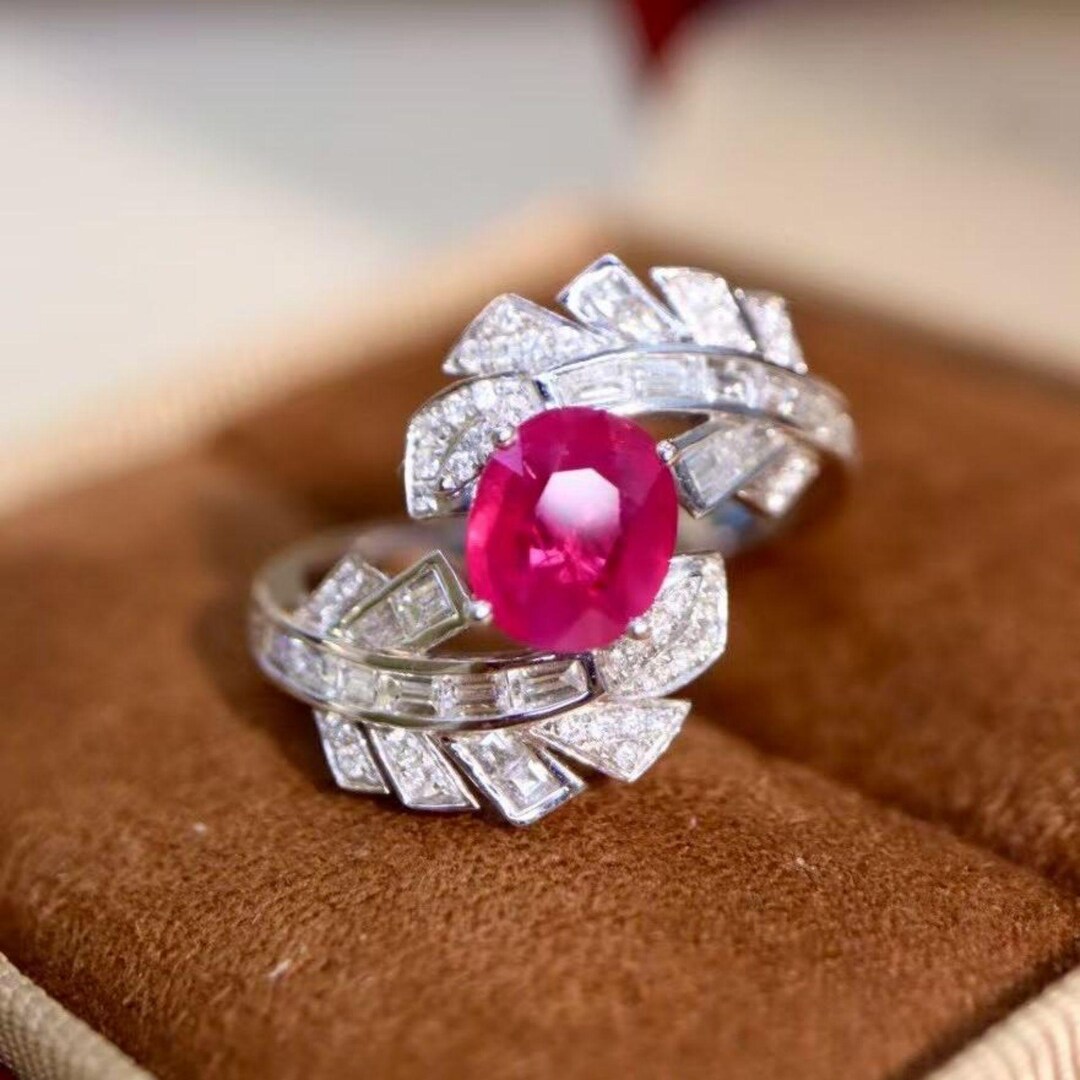 Ruby Rare Handmade 18k White Gold Pink Ruby Ring: Baguette Diamond Halo ...
