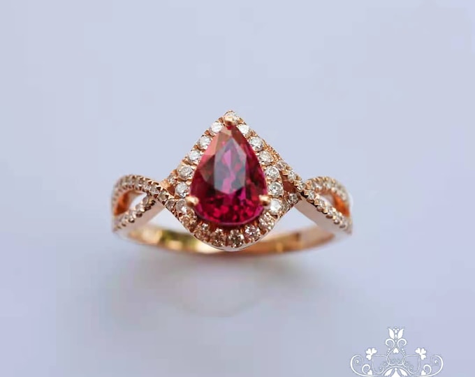18k/14k gold 1.1 C natural tourmaline engagement wedding ring with diamonds/Art Deco/Raw tourmaline ring/Halo eternity/ Promise gift for her