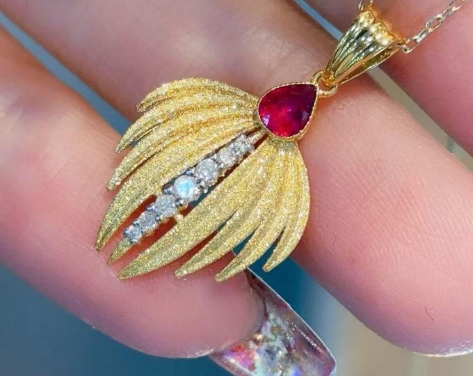Unique Genuine Pigeon Blood Red Ruby Pendant in 18k solid gold diamond/Vintage ruby Necklace/Anniversary ruby necklace/ Art Deco Ruby Choker