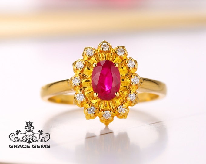 18k Solid gold Natural Ruby Engagement wedding Ring with diamonds/Raw gemstone ring/promise eternity/Handmade Unique vintage Jewelry for her
