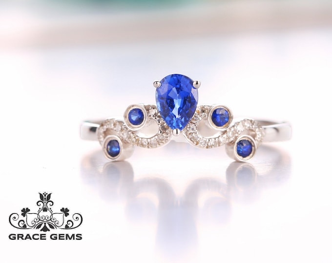 Solitaire 18k/14k white gold natural pear sapphire engagement ring with white sapphires/Royal Blue Sapphire/Vintage Antique/Art Deco/Celtic