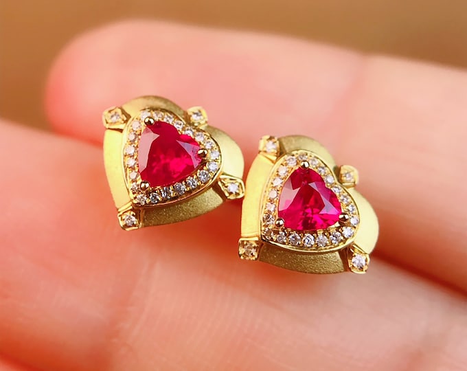 Heart Shape Unique design Mozambique ruby earrings/ruby gold diamond earrings/multi-stone ruby earrings/real ruby earrings/art deco earrings