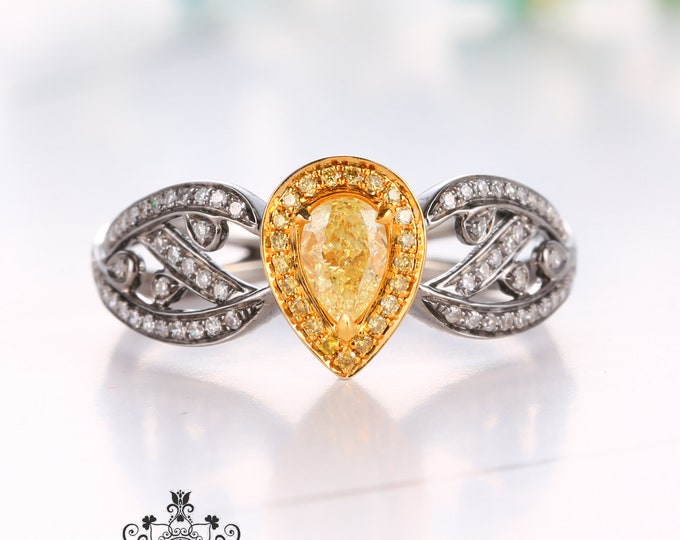 Unique Pear shape Natural Yellow Diamond Engagement Wedding Ring in Solid Black Gold/Eternity Forever one of a kind Promise Band/Art Deco