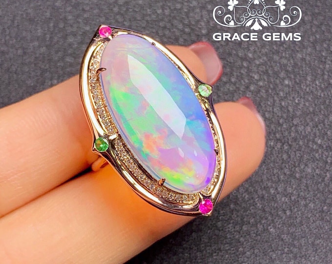 Luxurious Authentic Opal Ring in 18k rose Gold with Rubies/Mexican Fire Opal/Wedding band/Ethiopian Dragon Breath Opal/Thanks giving gift