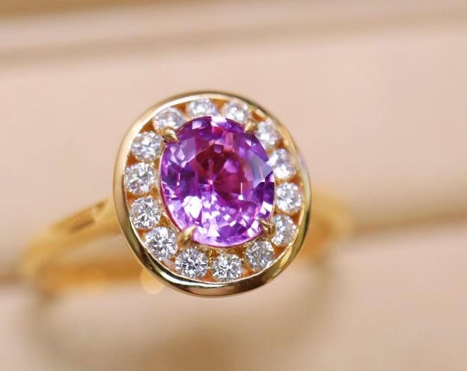 Natural purple pink sapphire ring 18k yellow gold/Natural Padparadcha sapphire engagement wedding ring/ sapphire halo bezel/Handmade unique