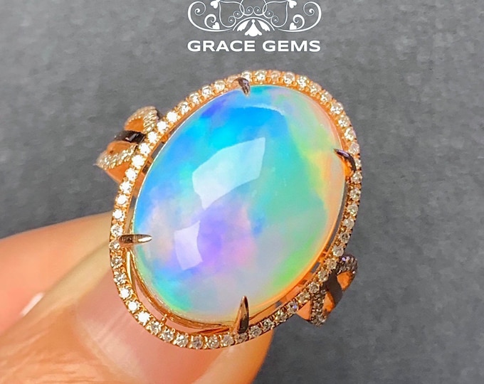 Custom Ethiopian Opal ring solid 18K Rose Gold/Huge Gem Genuine Opal ring with Diamond/Boulder Fire Opal band/Dragon Breath white opal gift