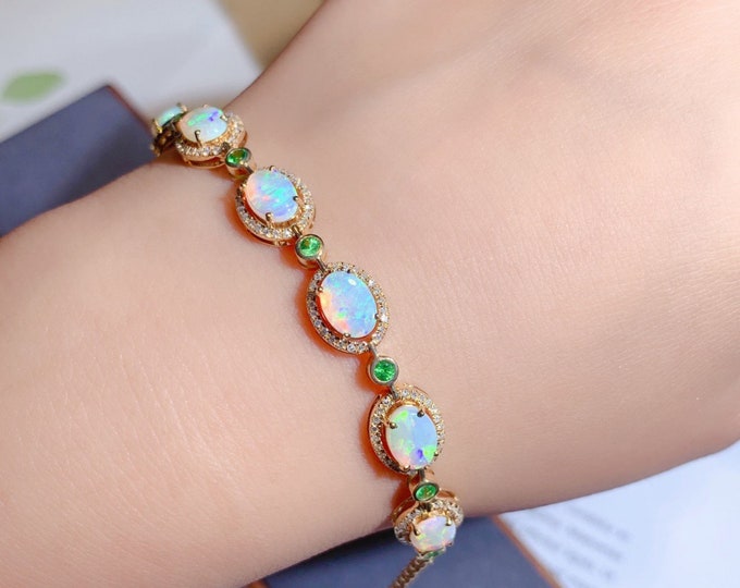 Natural Australian Opal Bracelet, Cabochon Opal Diamond Halo Bracelet, 18K Rose Gold Fine Jewelry, Luxury Opal Bracelet