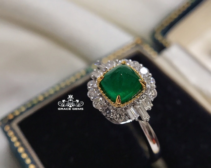 18k white gold diamond emerald ring/Unique tower shape certified natural emerald/Full eternity Halo band/Handmade luxurious wedding ring