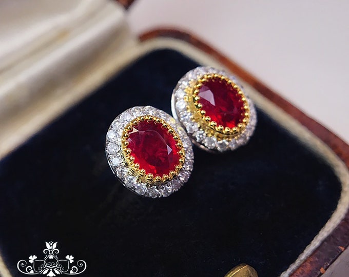 18k gold natural ruby earrings with diamonds/Certified natural ruby studs/Handmade Victorian Gothic ruby dangler/Unique vintage gift for her