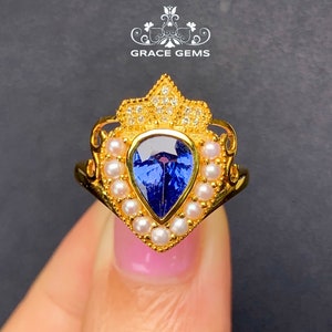 18k/14k solid gold solitaire Blue sapphire engagement ring with diamonds&natural pearls/Blue gemstone/Vintage Antique/Art Deco/Celtic gift