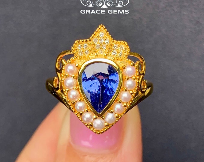18k/14k solid gold solitaire Blue sapphire engagement ring with diamonds&natural pearls/Blue gemstone/Vintage Antique/Art Deco/Celtic gift