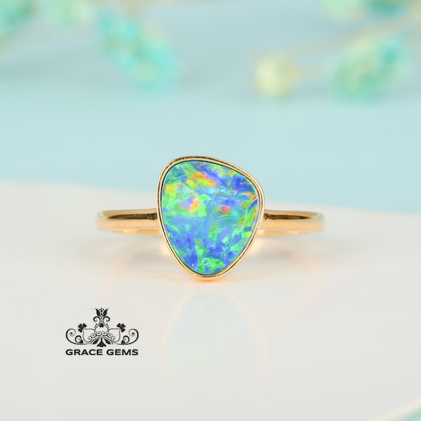 2.3 CT Australian Black Opal Ring: 18k solid yellow gold opal ring/unique handmade fine opal jewelry/custom personalized opal ring for groom